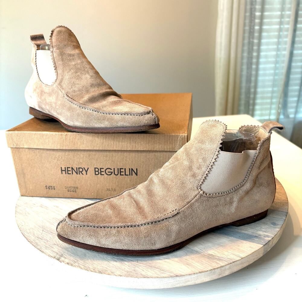 Henry Beguelin Beige Suede Chelsea Ankle Boots EU 38 US 7.5 Handmade Italy Box